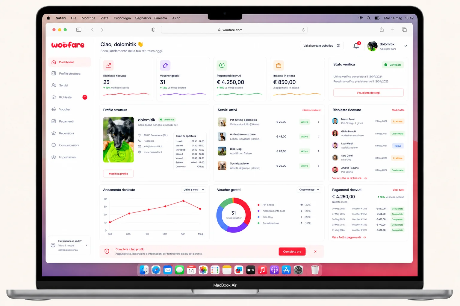 Screenshot della partner dashboard di Woofare